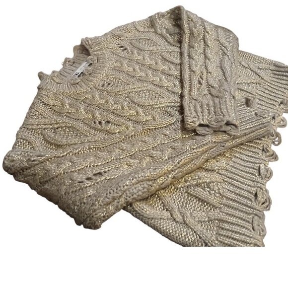 ZARA Wheat with Metallic Gold Shimmer Wool Blend Crop Crew Cable Knit Sweater - Picture 3 of 12